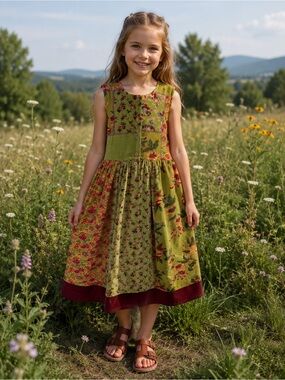 Vintage Cornelloki Cornell Green Floral Patchwork velour dress cottage size 7/8